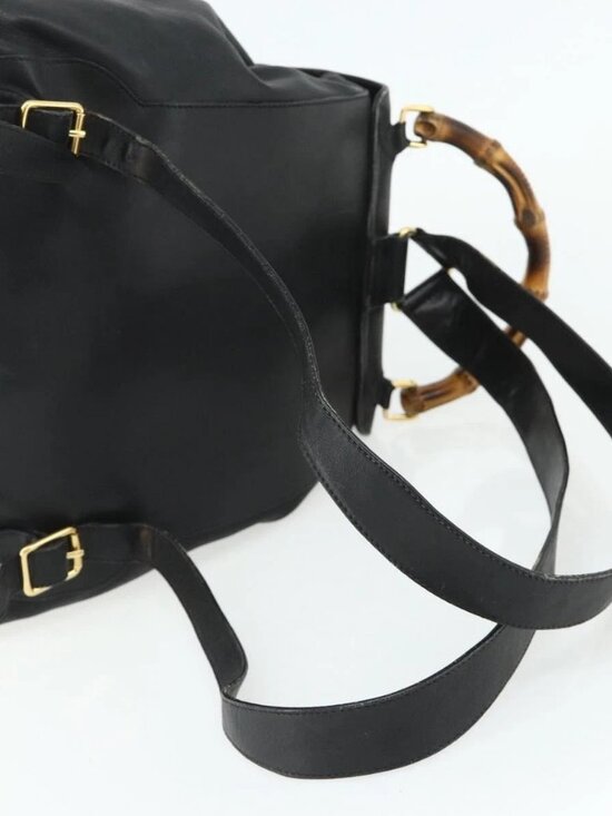 GUCCI Bamboo Backpack Leather Black Gold Auth main image 8